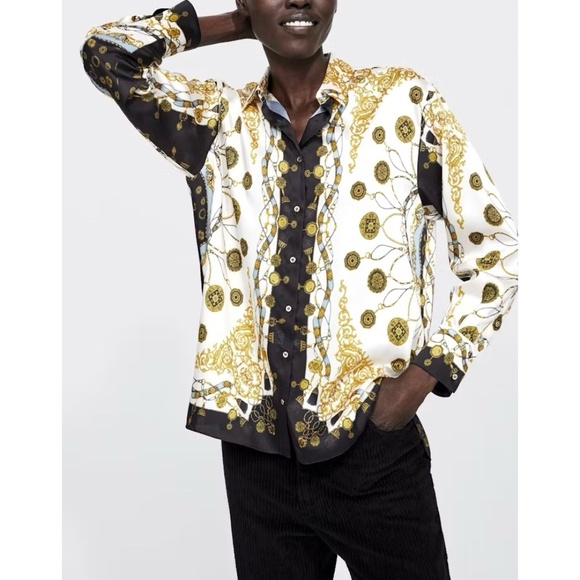 ZARA | Monogram Baroque Chain Pattern Button Front Collared Long Sleeve Blouse - Picture 16 of 16